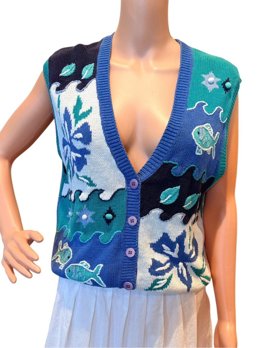 Vintage 90's Robert Scott Fish Ocean Knit Sweater Vest Green Blue White Large